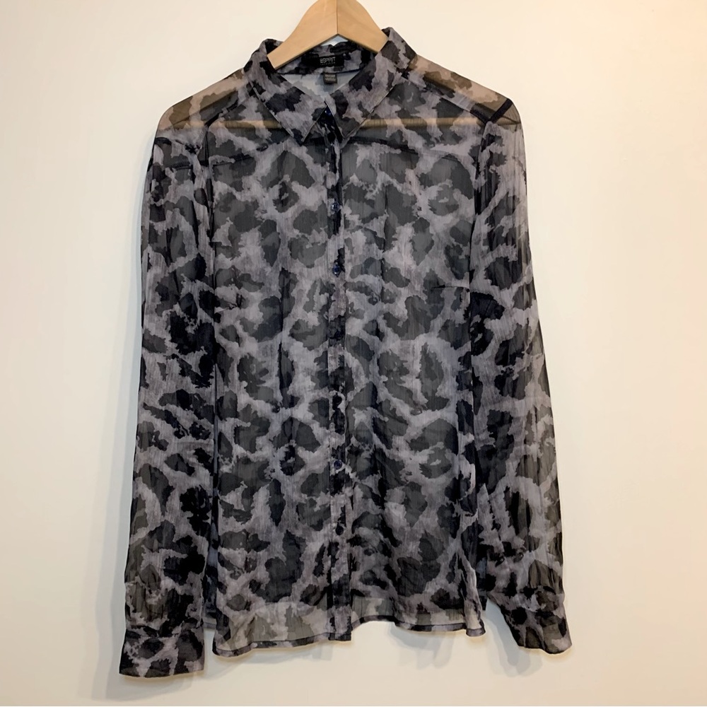 Grey & black sheer animal print button down top Esprit Collection. Sz XL